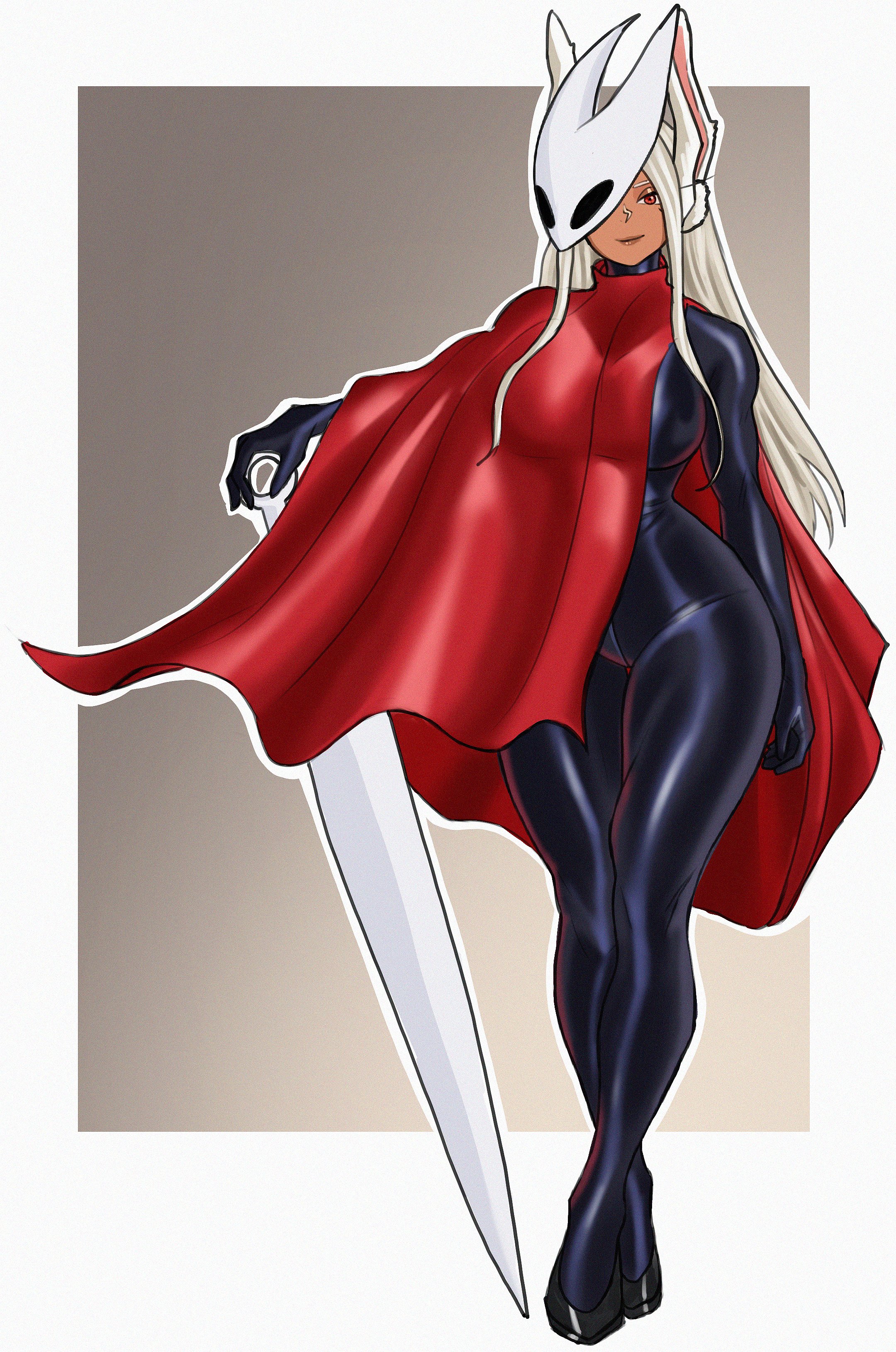 witlessfrawn, hornet (hollow knight), mirko, boku no hero academia, hollow knight, hollow knight: silksong, black bodystocking, absurdres, commentary, english commentary, highres, 1girl, animal ears, breasts, cloak, cosplay, crossed ankles, dark-skinned female, dark skin, gradient background, hand on hilt, horned mask, hornet (hollow knight) (cosplay), large breasts, long eyelashes, long hair, looking at viewer, mask, needle (hollow knight), parted bangs, rabbit ears, rabbit girl, red cloak, red eyes, simple background, solo, thick thighs, thighs, very long hair, white hair, white mask