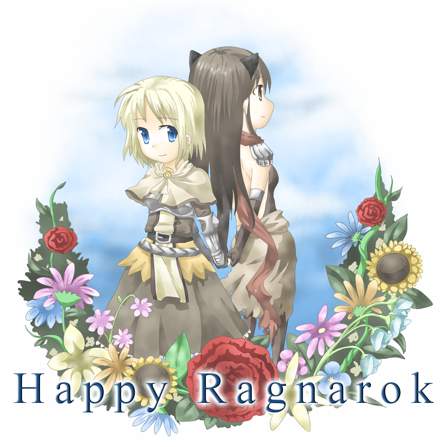 assassin cross (ragnarok online), swordsman (ragnarok online), ragnarok online, commentary request, highres, 2girls, animal ears, back-to-back, belt, black belt, black gloves, black leotard, blonde hair, blue eyes, blue flower, blue sky, brown cape, brown dress, brown hair, bush, cape, capelet, cat ears, cat girl, chest guard, closed mouth, cloud, cowboy shot, day, dress, elbow gloves, english text, flower, gloves, holding hands, leotard, long hair, long sleeves, looking at viewer, multiple girls, outdoors, purple flower, red flower, red rose, rose, shakukyoho, short hair, sky, smile, sunflower, torn cape, torn clothes, waist cape, white capelet, yellow flower