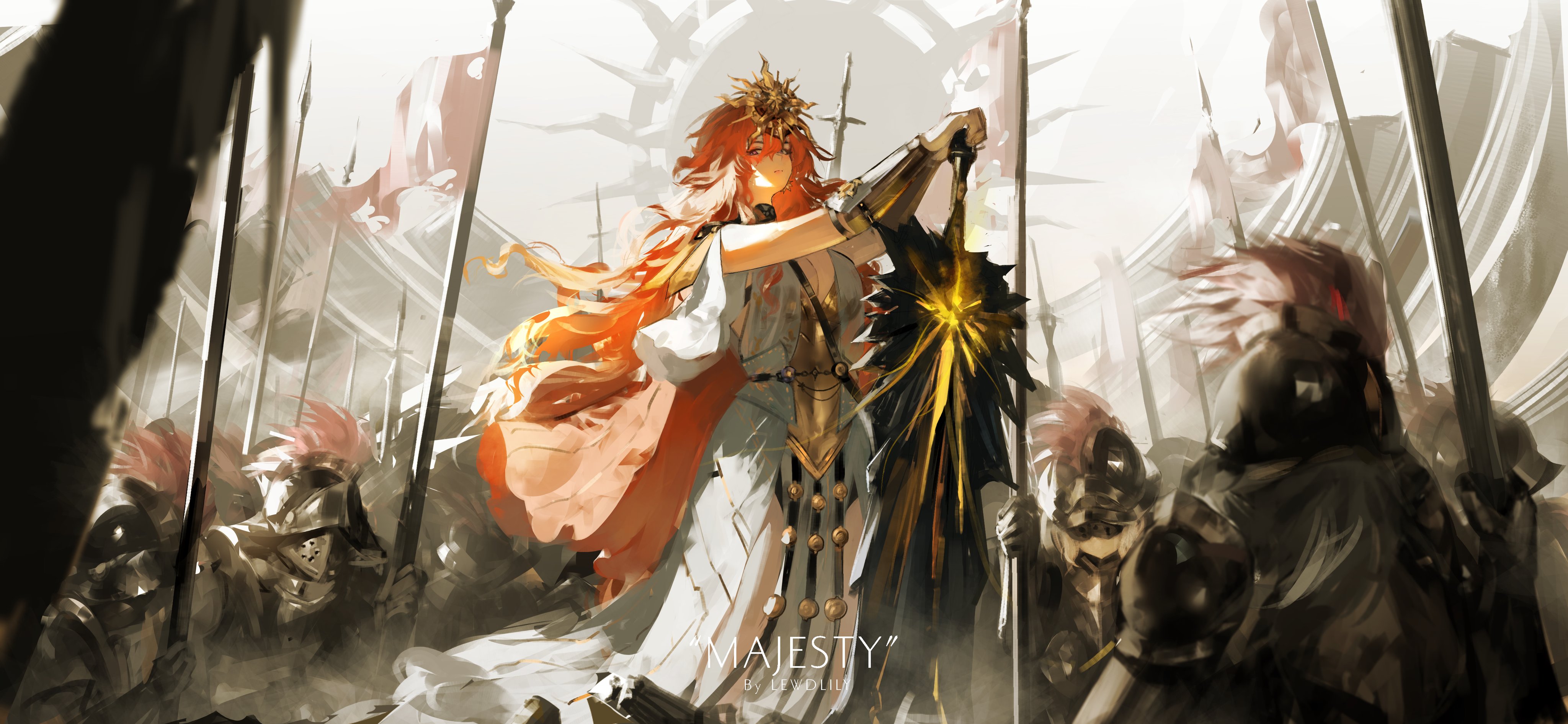 lewdlily66, augusta (wuthering waves), wuthering waves, absurdres, commentary, highres, 1girl, ancient greek clothes, arm armor, armor, artist name, breastplate, breasts, cleavage, closed mouth, dress, gladiator, greatsword, greco-roman clothes, hair between eyes, hand on hilt, headgear, large breasts, long hair, looking at viewer, orange eyes, orange hair, people, solo, sword, weapon, white dress