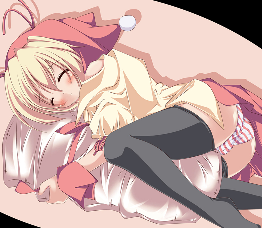 shin'ya natsuki, closed eyes, panties, sleeping, solo, striped clothes, striped panties, thighhighs, underwear