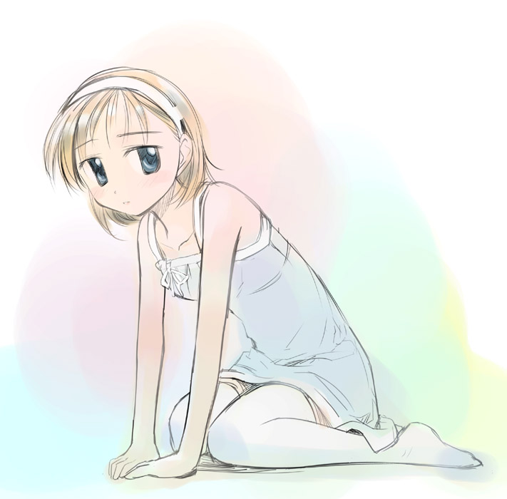 ikeda jun (mizutamari), tagme, dress, hairband, kneeling, sitting, solo, thighhighs
