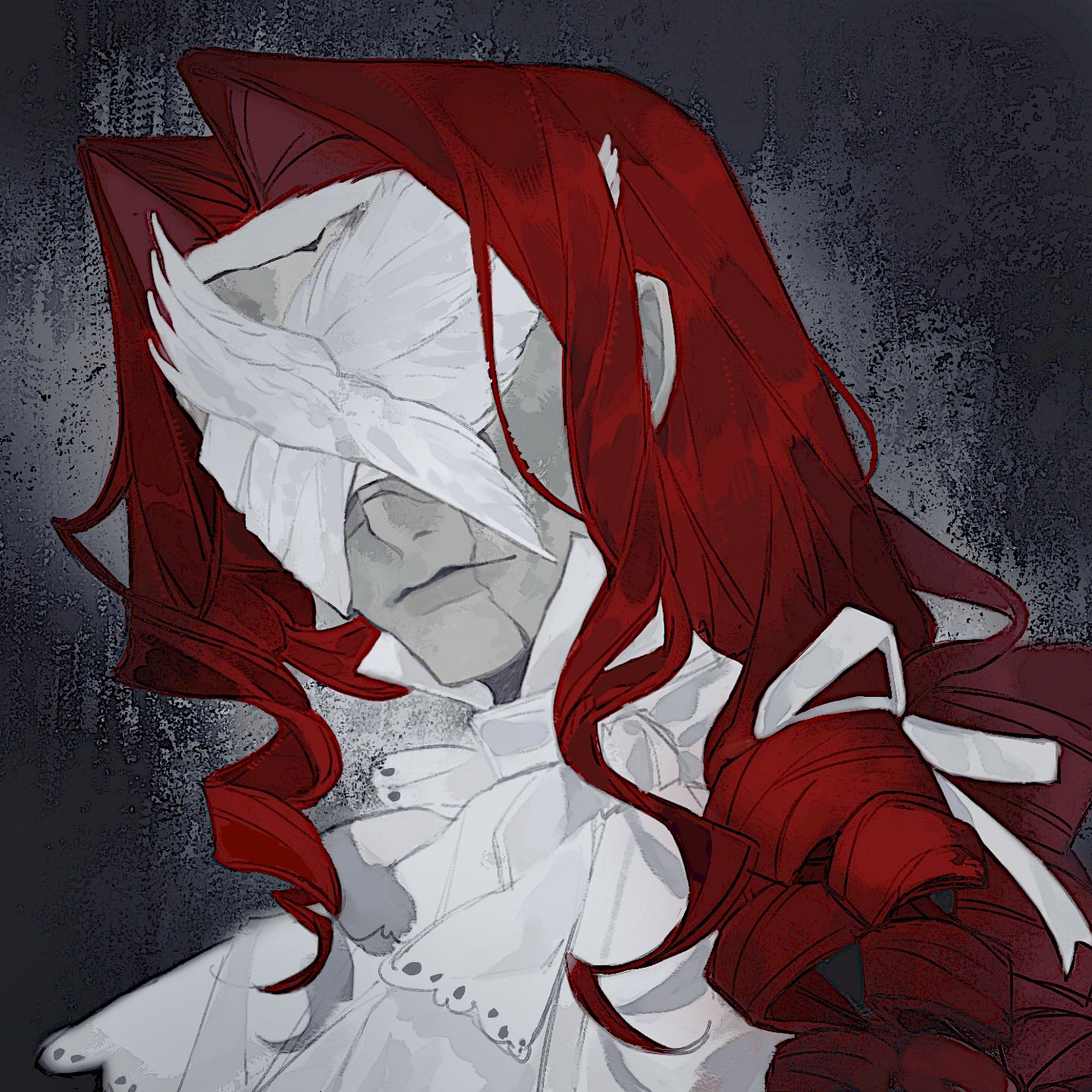 mooonfalldown, aleph (reverse:1999), reverse:1999, highres, 1boy, covered face, cracked mask, grey background, grey mask, hair intakes, long hair, male focus, official alternate costume, portrait, red hair, shirt, solo, white shirt