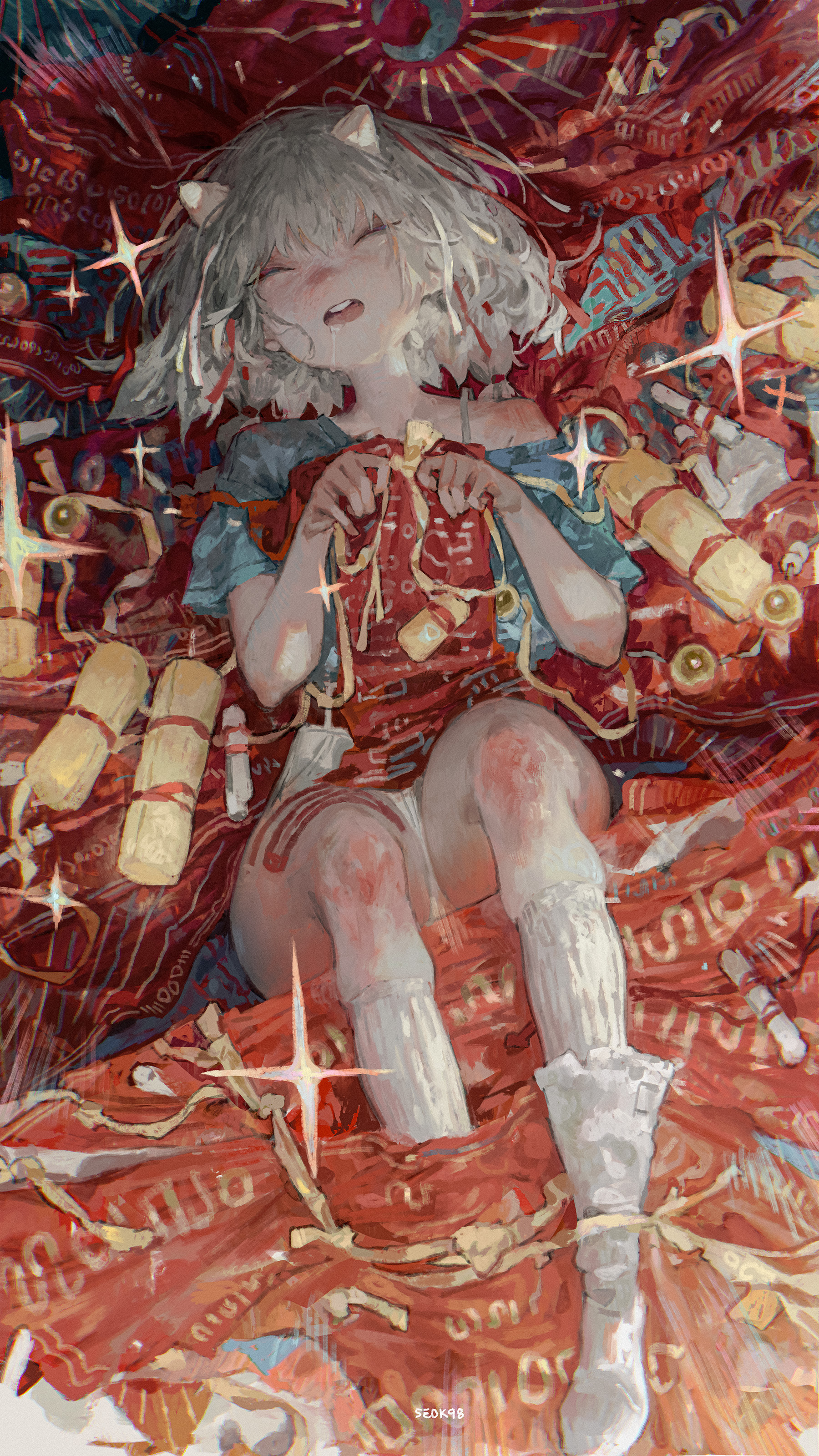 seok98, original, absurdres, commentary, english commentary, highres, 1girl, artist name, closed eyes, crescent, drooling, from above, horns, oni, open mouth, shorts, sleeping, solo, white hair, white shorts
