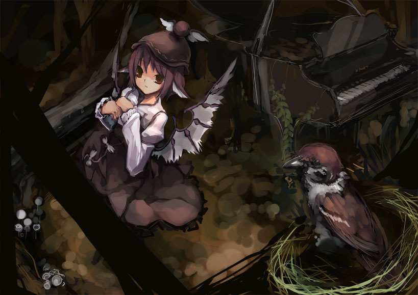 shimadoriru, mystia lorelei, touhou, 1girl, animal ears, bird, brown theme, dark, dress, female focus, from above, hat, in nest, instrument, leaf, long sleeves, nest, piano, pink hair, red eyes, short hair, solo, sparrow, wings