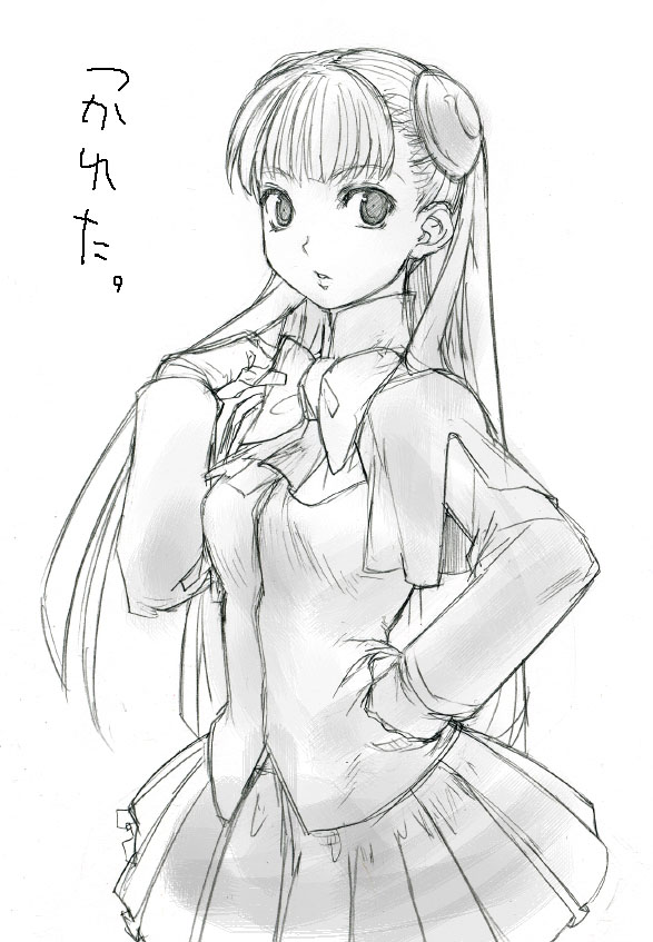 tetsu (kimuchi), ingrid (capcom), capcom, capcom fighting jam, 1girl, blush, breasts, bun cover, double bun, dress, female focus, gloves, greyscale, hair bun, hairpods, long hair, miniskirt, monochrome, ribbon, shirt, skirt, small breasts, solo, white hair