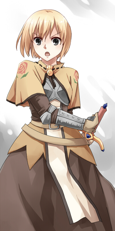swordsman (ragnarok online), ragnarok online, commentary request, 1girl, black eyes, blonde hair, brown capelet, brown dress, brown gloves, capelet, chest guard, cowboy shot, drawing sword, dress, floral print, gloves, grey background, holding, holding sword, holding weapon, long sleeves, looking at viewer, open mouth, rose print, shakukyoho, short hair, solo, sword, v-shaped eyebrows, weapon