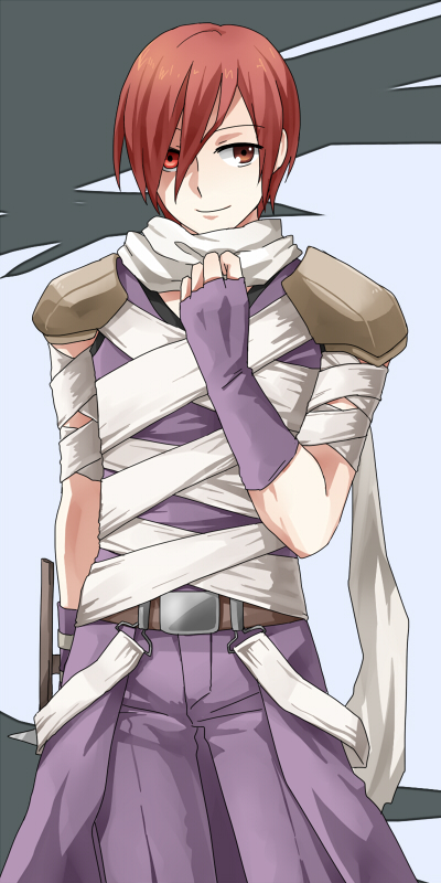 assassin (ragnarok online), ragnarok online, commentary request, 1boy, armor, bandages, bandages over clothes, cape, closed mouth, cowboy shot, grey background, looking at viewer, male focus, pants, pauldrons, purple cape, purple pants, purple shirt, red eyes, red hair, scarf, shakukyoho, shirt, short hair, shoulder armor, sleeveless, sleeveless shirt, smile, solo, waist cape, white scarf