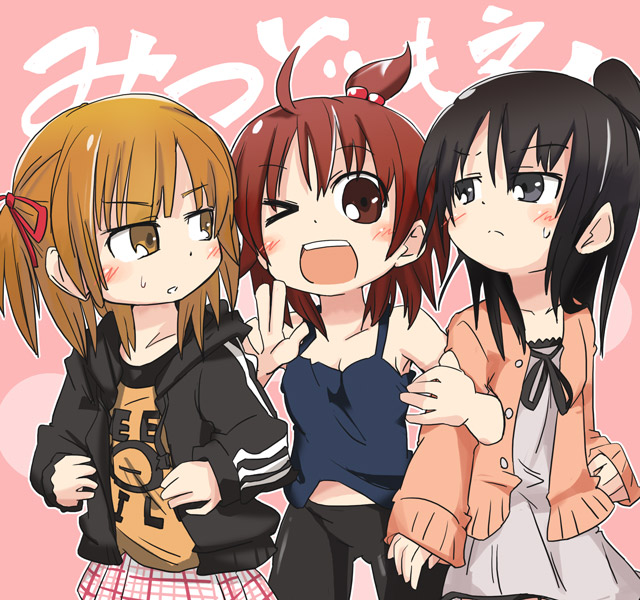 ixy, marui futaba, marui hitoha, marui mitsuba, mitsudomoe (manga), arm grab, 3girls, ;d, ahoge, bike shorts, black eyes, black hair, black jacket, black ribbon, black shorts, blonde hair, brown eyes, brown hair, buttons, closed mouth, clothes writing, collarbone, cowboy shot, dress, frown, grey dress, hair bobbles, hair ornament, hair ribbon, hood, hooded track jacket, jacket, long hair, long sleeves, looking at viewer, looking to the side, multiple girls, one eye closed, open clothes, open jacket, open mouth, orange jacket, pink background, plaid clothes, plaid skirt, ponytail, red ribbon, ribbon, short hair, shorts, simple background, skirt, sleeveless, sleeves past wrists, smile, standing, sweat, tank top, topknot, track jacket, two side up, unbuttoned, w, yellow eyes