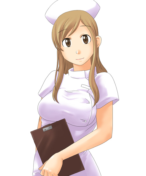 toshifumi, toudou shimako, maria-sama ga miteru, 00s, 1girl, breasts, clipboard, female focus, holding, large breasts, long hair, nurse, shirt, short sleeves, sidelocks, simple background, skin tight, smile, solo, upper body, white background, white shirt
