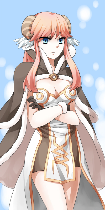 high wizard (ragnarok online), ragnarok online, commentary request, 1girl, blue background, blue eyes, breasts, brown cape, brown dress, brown gloves, brown horns, cape, cleavage, closed mouth, cowboy shot, crossed arms, curled horns, dress, frown, fur-trimmed gloves, fur cape, fur trim, gloves, horns, long hair, looking at viewer, medium breasts, pink hair, shakukyoho, short dress, solo, strapless, strapless dress, striped horns, two-tone dress, white dress
