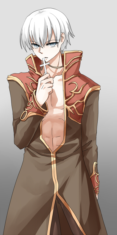 priest (ragnarok online), ragnarok online, commentary request, 1boy, abs, brown coat, brown pants, coat, cowboy shot, cross, cross necklace, gold trim, gradient background, grey background, grey eyes, holding, holding cross, holding jewelry, holding necklace, jewelry, long sleeves, looking at viewer, male focus, multicolored coat, necklace, open mouth, pants, red coat, shakukyoho, short hair, solo, toned, toned male, two-tone coat, white hair