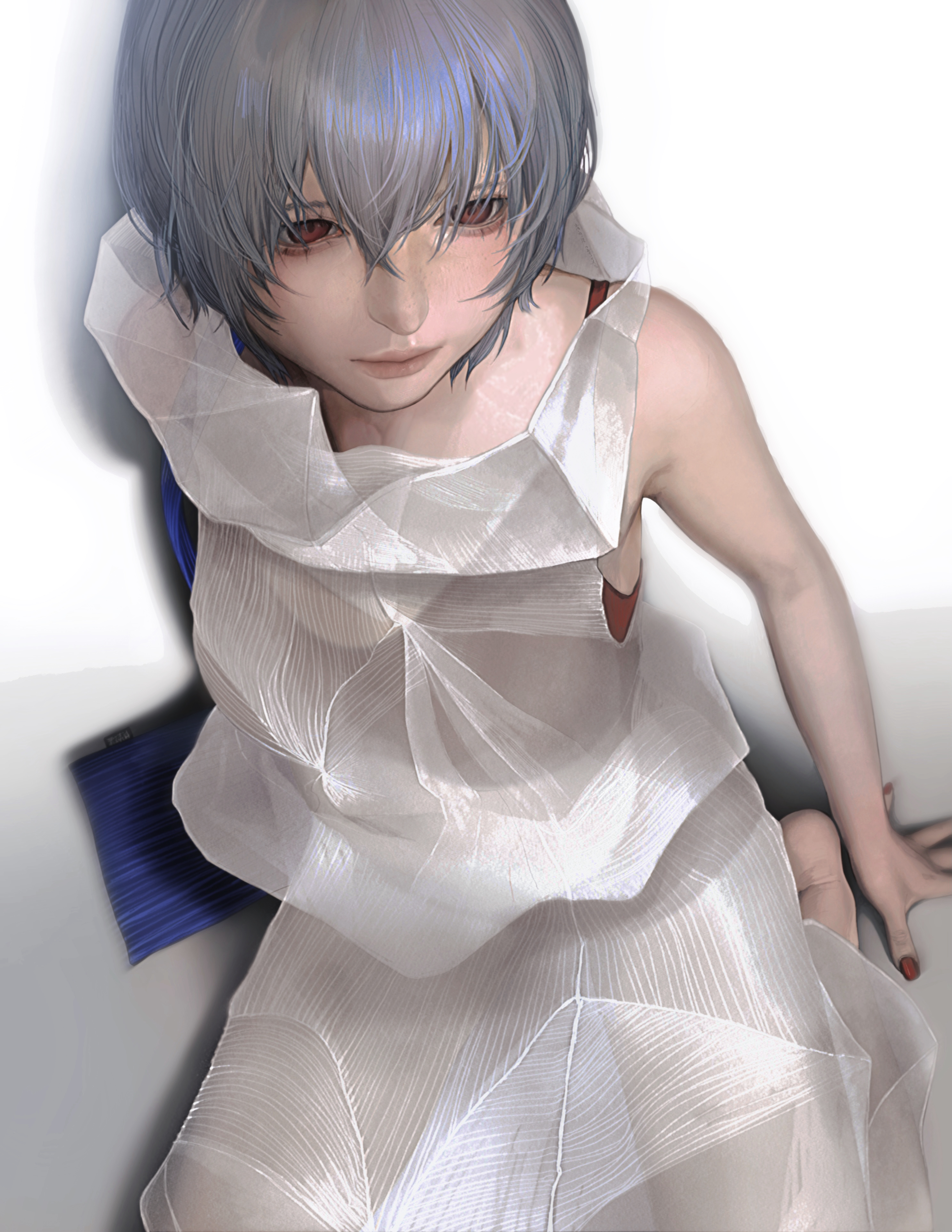 mikasamu, ayanami rei, neon genesis evangelion, absurdres, commentary, english commentary, highres, mixed-language commentary, 1girl, blue hair, hair between eyes, red eyes, red nails, see-through clothes, short hair, solo
