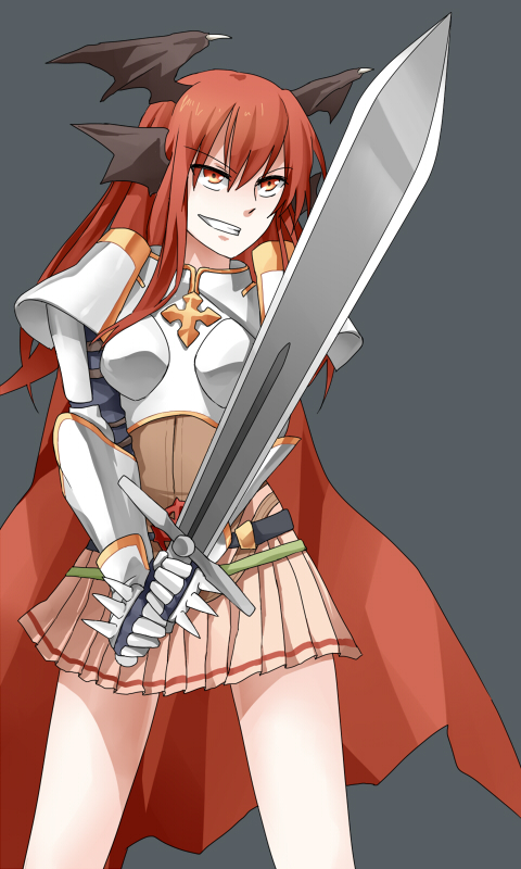 lord knight (ragnarok online), ragnarok online, commentary request, 1girl, armor, belt, black belt, black wings, boobplate, breastplate, cape, cowboy shot, cross, cross of prontera, demon wings, grey background, grin, head wings, holding, holding sword, holding weapon, long hair, looking afar, miniskirt, pauldrons, pink skirt, pleated skirt, red cape, red eyes, red hair, shakukyoho, shoulder armor, simple background, skirt, smile, solo, spiked gauntlets, sword, v-shaped eyebrows, weapon, wings