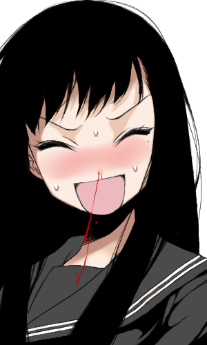 maskman, lowres, >:d, 1girl, :d, ^ ^, black hair, black serafuku, blood, blush, closed eyes, female focus, fringe trim, long hair, mole, mole under eye, nose blush, nosebleed, open mouth, portrait, school uniform, serafuku, sidelocks, simple background, smile, solo, sweat, v-shaped eyebrows, white background