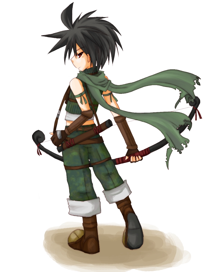 ranger (ragnarok online), ragnarok online, commentary request, 1boy, 2000s (style), belt, black hair, boots, bow (weapon), brown belt, brown boots, brown gloves, camouflage, camouflage shorts, closed mouth, expressionless, fingerless gloves, from behind, full body, gloves, green scarf, green shirt, green shorts, harasaka (cross), holding, holding bow (weapon), holding weapon, looking at viewer, male focus, quiver, red eyes, scarf, shirt, short hair, shorts, simple background, sleeveless, sleeveless shirt, solo, spiked hair, standing, torn clothes, torn scarf, weapon, white background