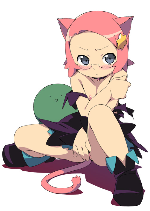 kanzaki hiro, animal ears, cat ears, cat tail, covering crotch, covering privates, flat chest, full body, glasses, loli, nipples, no panties, off shoulder, round eyewear, simple background, solo, tail, white background