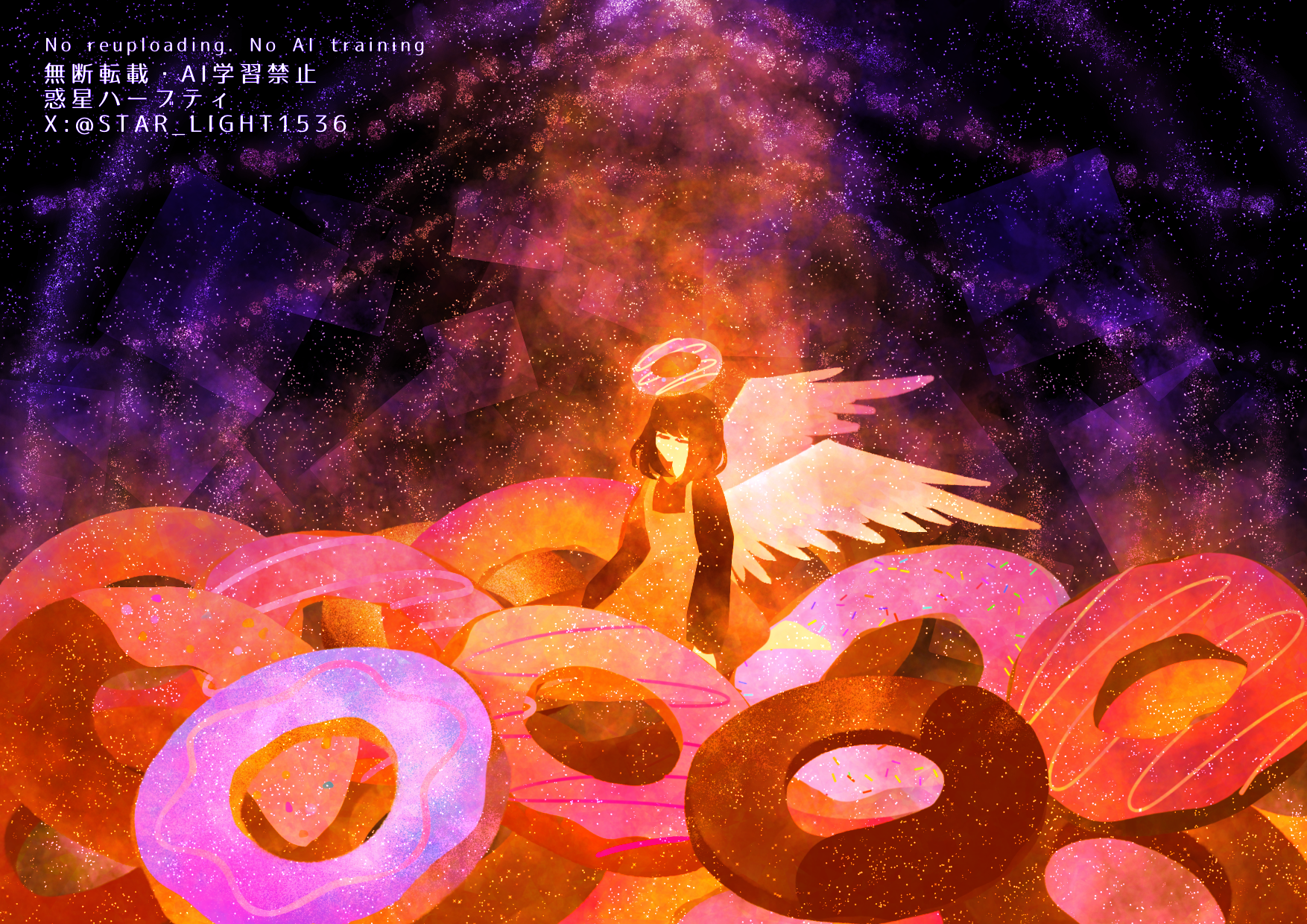 wakusei habuti, original, commentary request, highres, 1girl, angel, angel wings, black hair, black shirt, closed eyes, donut, dress, food, halo, long sleeves, mini person, no mouth, orange dress, pinafore dress, shirt, short hair, sleeveless, sleeveless dress, twitter username, white wings, wings