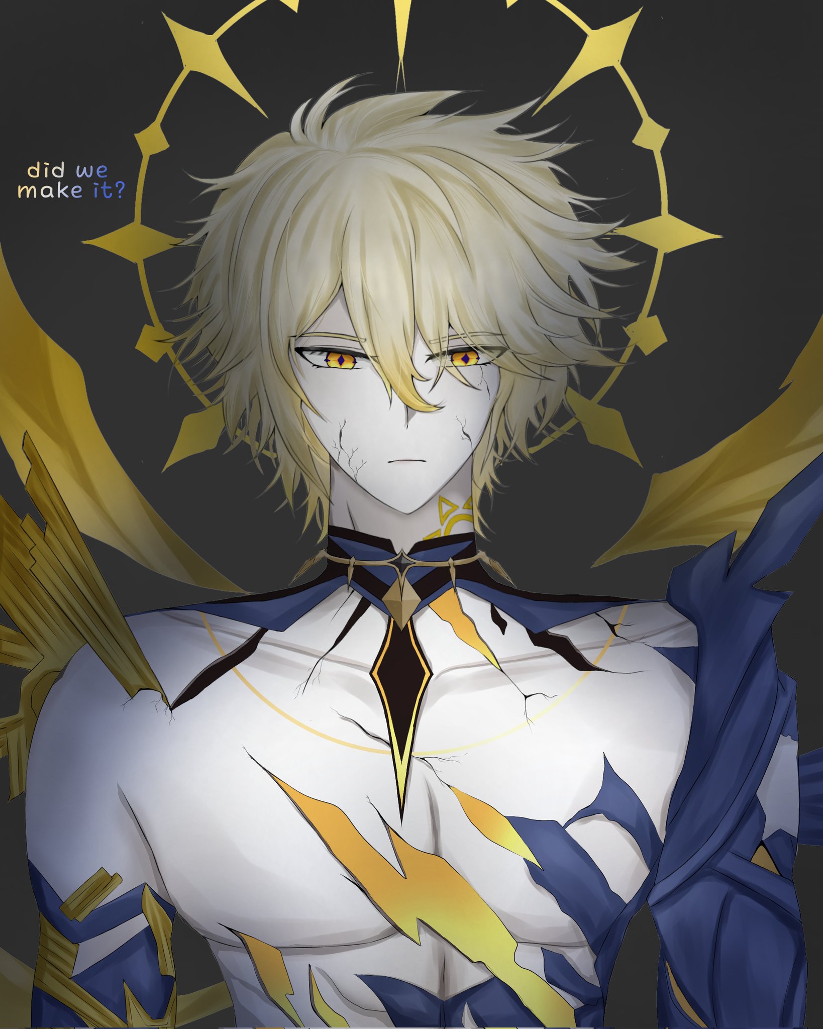 uyuillust, phainon (honkai: star rail), phainon (khaslana) (honkai: star rail), honkai: star rail, honkai (series), commentary request, corrupted twitter file, highres, korean commentary, 1boy, black background, blonde hair, cracked skin, english text, gold blood, gold tattoo, halo, male focus, neck tattoo, pectorals, solo, tattoo, topless male, upper body, yellow eyes, yellow halo
