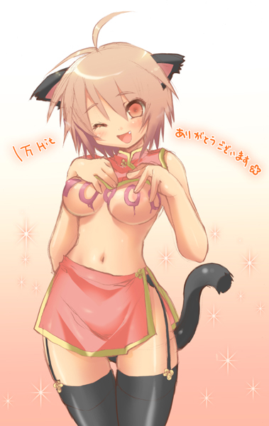 ninoko, original, animal ears, cat ears, cat tail, nipples, solo, tail, thighhighs, zettai ryouiki