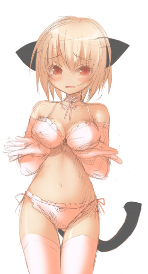 ninoko, original, 1girl, animal ears, bra, cat ears, cat tail, elbow gloves, female focus, gloves, lingerie, panties, solo, tail, thighhighs, underwear, underwear only