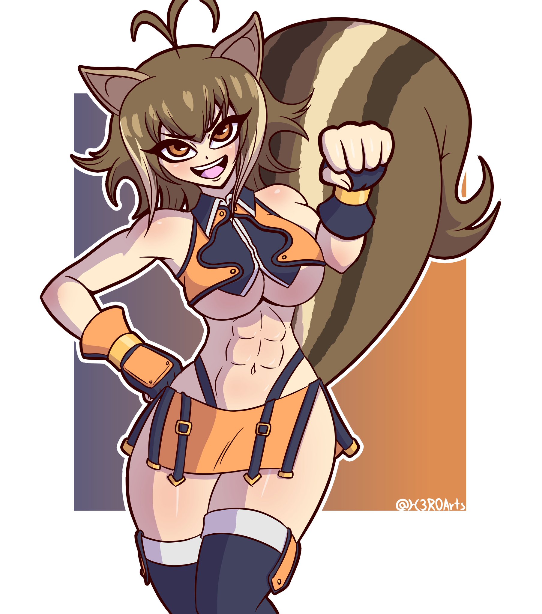 h3r0, makoto nanaya, blazblue, 1girl, abs, animal ears, breasts, brown eyes, brown hair, fingerless gloves, gloves, large breasts, microskirt, short hair, skirt, squirrel ears, squirrel tail, tail, thighhighs, underboob