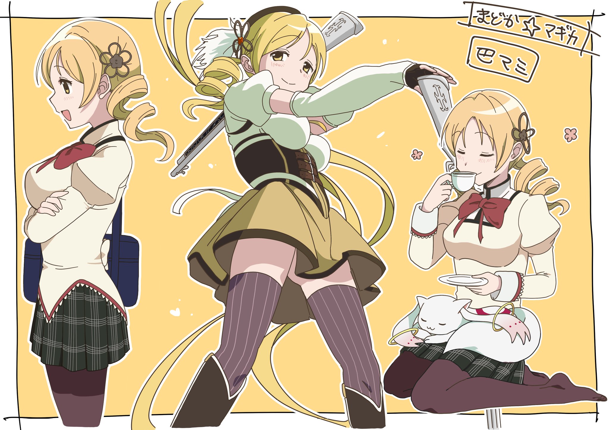 kyubey, tomoe mami, tomoe mami (magical girl), mahou shoujo madoka magica, mahou shoujo madoka magica (anime), commentary request, highres, translation request, 1girl, beret, blonde hair, blouse, border, bow, breasts, brown corset, brown pantyhose, corset, cup, drill hair, drinking, gluteal fold, gun, hat, holding, holding cup, holding saucer, juliet sleeves, large breasts, long sleeves, magical girl, magical musket, mitakihara school uniform, multiple views, nanamono 0414, pantyhose, plaid clothes, plaid skirt, pleated skirt, profanity, puffy sleeves, red bow, saucer, school uniform, seiza, shirt, sitting, skirt, solo focus, striped clothes, striped thighhighs, thighhighs, twin drills, vertical-striped clothes, vertical-striped thighhighs, weapon, white border, yellow background, yellow eyes, yellow skirt, yellow theme, zettai ryouiki