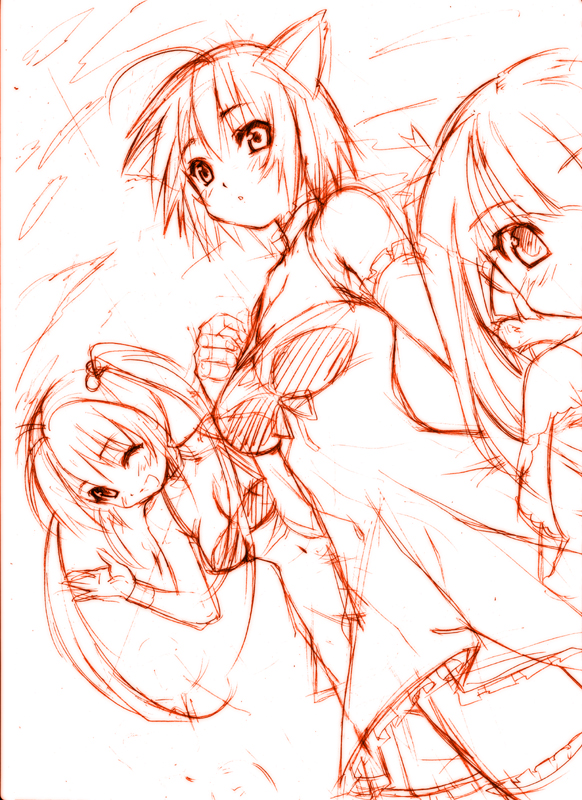 ninoko, original, 3girls, animal ears, cat ears, monochrome, multiple girls, red theme, sketch