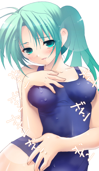 ninoko, sonozaki mion, higurashi no naku koro ni, 00s, one-piece swimsuit, ponytail, school swimsuit, solo, swimsuit