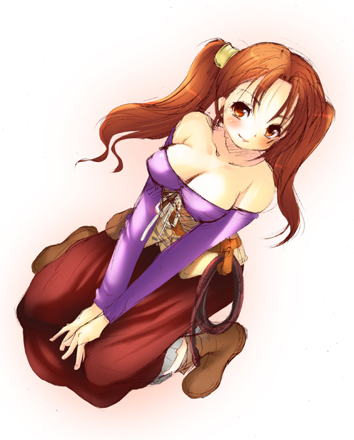 ninoko, jessica albert, dragon quest, dragon quest viii, square enix, 1girl, breasts, brown hair, cleavage, detached sleeves, dress, female focus, kneeling, large breasts, purple shirt, red eyes, shirt, solo, strapless, strapless dress, twintails, whip