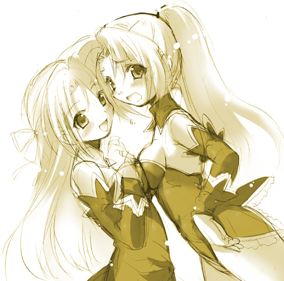 ninoko, sonozaki mion, sonozaki shion, higurashi no naku koro ni, 00s, 2girls, angel mort, breast press, breasts, detached collar, monochrome, multiple girls, ponytail, siblings, sisters, symmetrical docking, twins, waitress, yellow theme, yuri