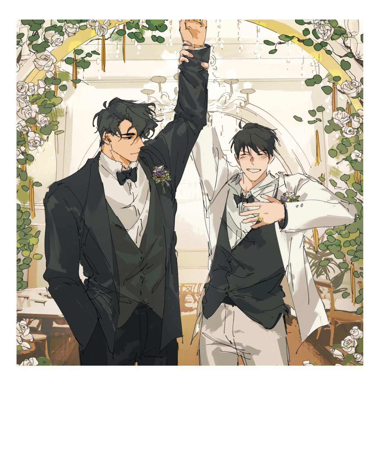 cfeather8, kim dokja, yoo joonghyuk, omniscient reader's viewpoint, highres, 2boys, arm up, black coat, black hair, black suit, black vest, blush, bow, bowtie, church, closed eyes, coat, collared shirt, cowboy shot, fake photograph, flower, formal clothes, hand in pocket, hand on another's wrist, hand on own chest, husband and husband, indoors, light smile, looking at another, male focus, multiple boys, photo (object), rose, shirt, short hair, suit, vest, wedding arch, white coat, white flower, white rose, white shirt, white suit, yaoi