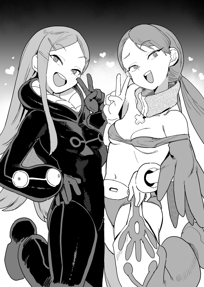 niku-name, anemone (eureka seven), cynthia lane, eureka seven, eureka seven (series), overman king gainer, 2girls, crossover, gloves, greyscale, long hair, looking at viewer, monochrome, multiple girls, naughty face, navel, open mouth, simple background, smile, v, white background