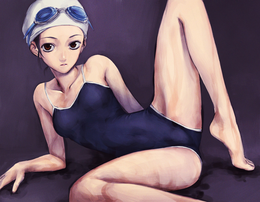 iwai ryou, 1girl, barefoot, breasts, feet, female focus, flat chest, goggles, one-piece swimsuit, school swimsuit, small breasts, solo, spread legs, swim cap, swimsuit