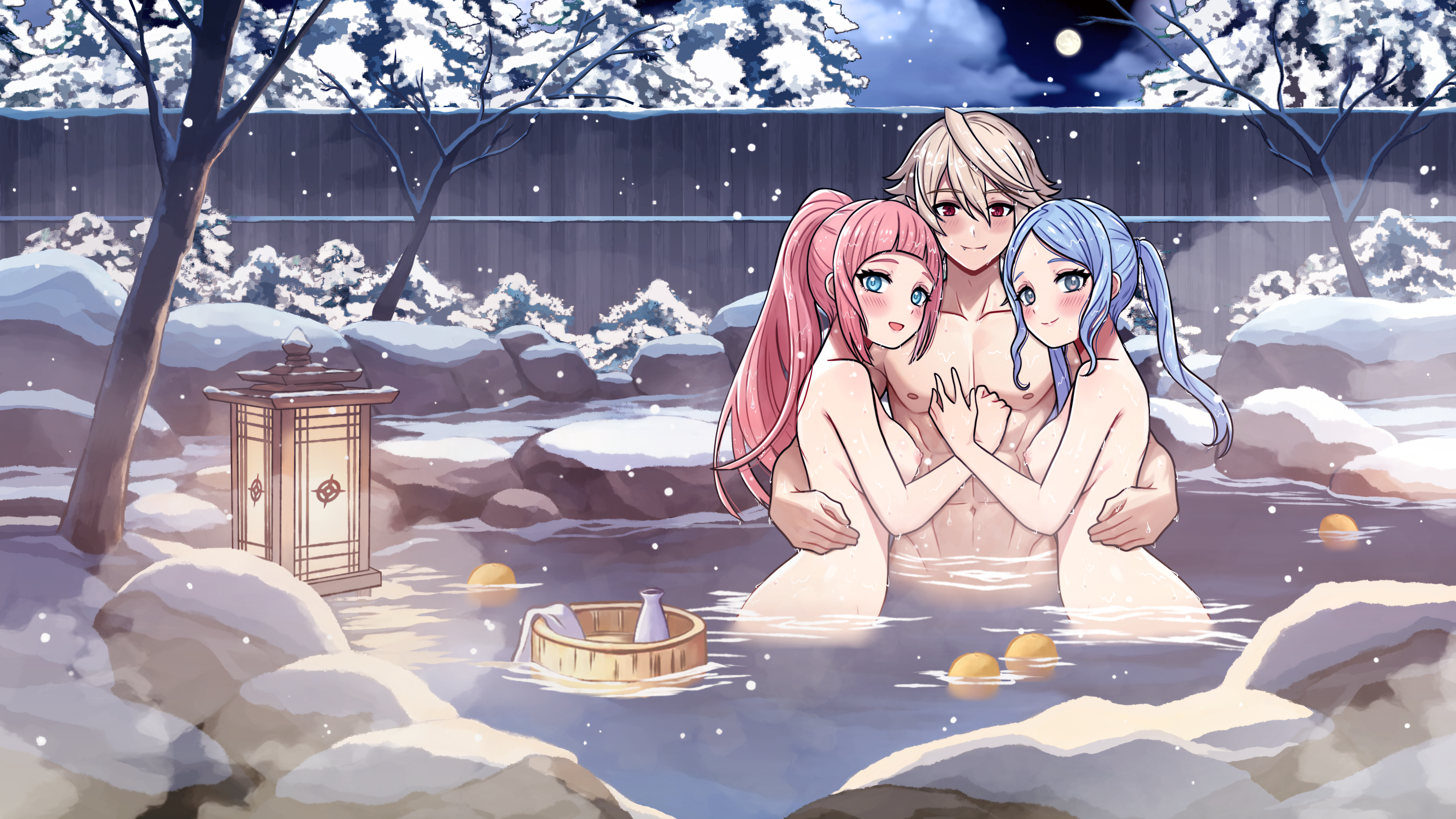rein creamsoda, felicia (fire emblem), flora (fire emblem), male corrin (fire emblem), fire emblem, fire emblem fates, nintendo, absurdres, highres, 1boy, 2girls, abs, arm around waist, blonde hair, blue hair, blush, breasts, closed mouth, girl sandwich, hair between eyes, hetero, long hair, looking at viewer, medium breasts, mixed-sex bathing, moon, multiple girls, night, night sky, nude, onsen, open mouth, outdoors, pectorals, pink hair, ponytail, sandwiched, shared bathing, sky, smile, snow, snowing, towel, twintails