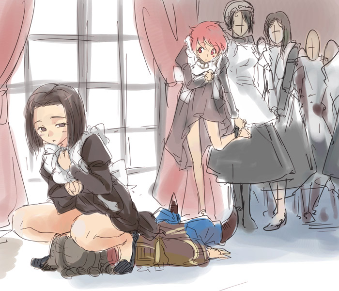 michael f91, 1boy, 6+girls, clothes lift, cunnilingus, dress, dress lift, girl on top, maid, multiple girls, oral, panties, panty pull, sitting, sitting on face, sitting on person, sketch, squatting, straddling, underwear