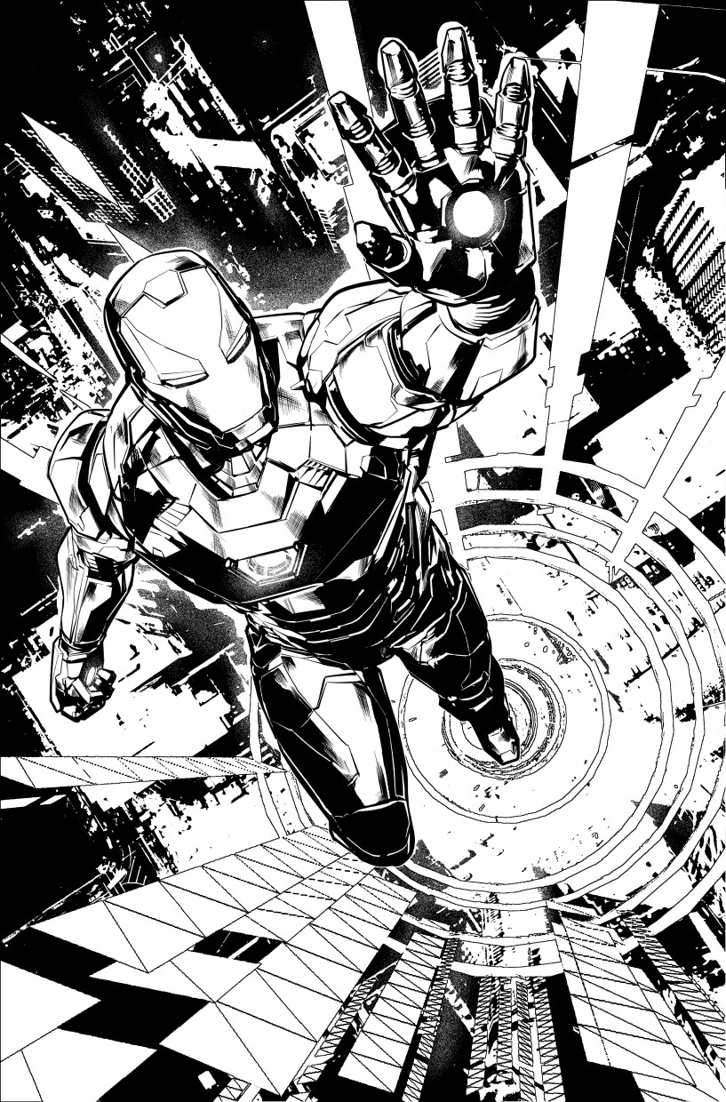 hendry prasetya, iron man, marvel, aliasing, clip studio paint (medium), commentary, english commentary, highres, 1boy, art study, building, chiaroscuro, city, flying, full body, greyscale, hatching (texture), monochrome, perspective, solo, western comics (style)