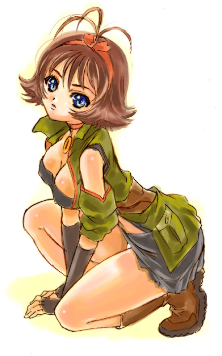 nishida asako, simoun, 00s, 1girl, antenna hair, blue eyes, boots, brown hair, female focus, fingerless gloves, gloves, hair ribbon, ribbon, short hair, solo