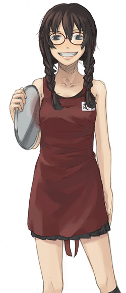 itsutsu, original, 1girl, :d, blush, braid, brown hair, dress, female focus, glasses, grin, hair over shoulder, holding, looking at viewer, open mouth, red-framed eyewear, red dress, simple background, sleeveless, sleeveless dress, smile, solo, teeth, tray, twin braids, waitress, white background