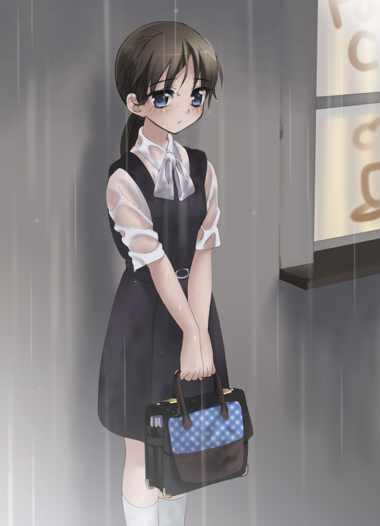 piyodera mucha, original, rain, school uniform, serafuku, solo, wet, wet clothes
