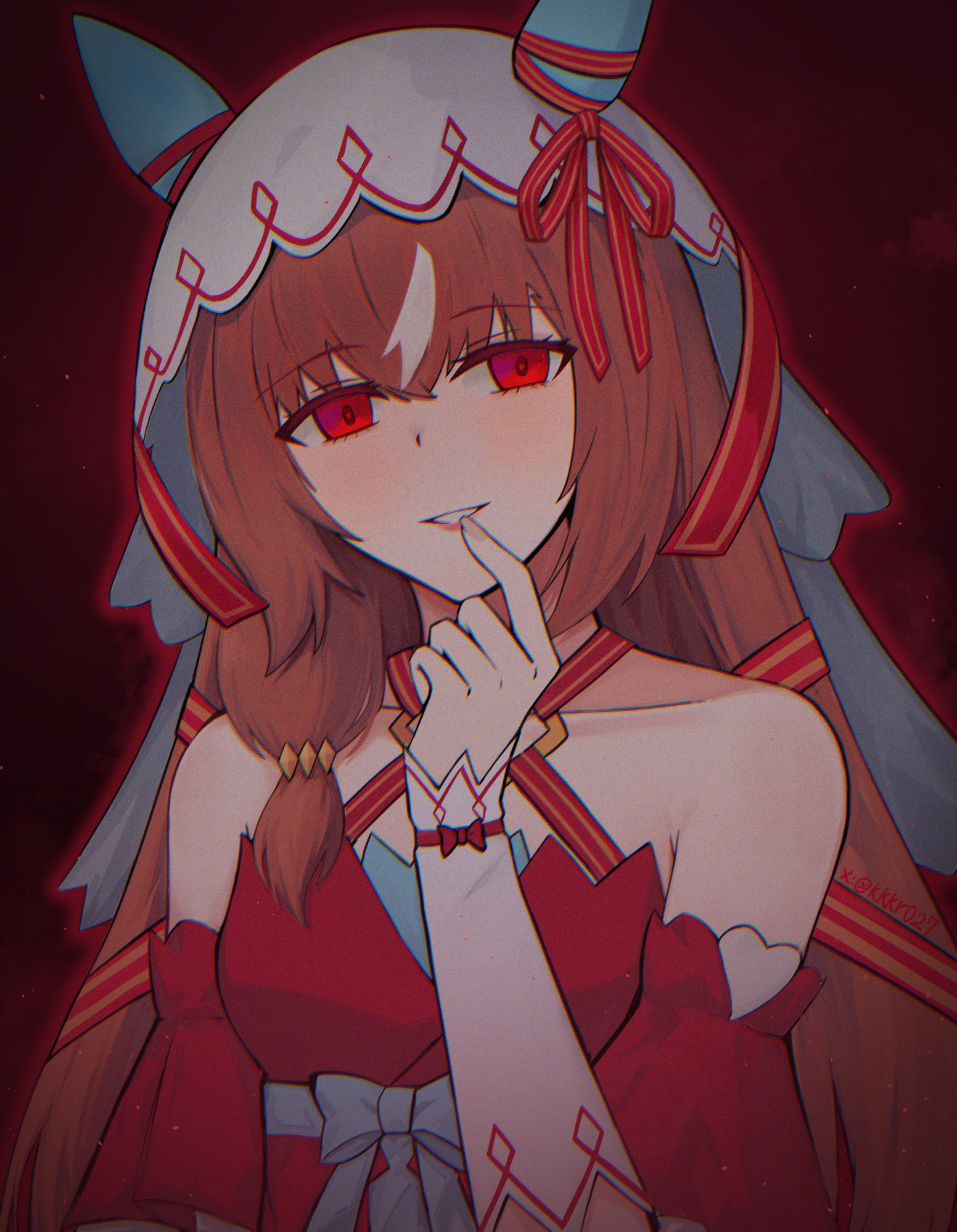 kuurei hibikikurenai, still in love (umamusume), umamusume, commentary request, highres, 1girl, bare shoulders, brown hair, detached sleeves, dress, grin, horse girl, long hair, red background, red dress, red eyes, red ribbon, ribbon, smile, solo, upper body, veil, white veil