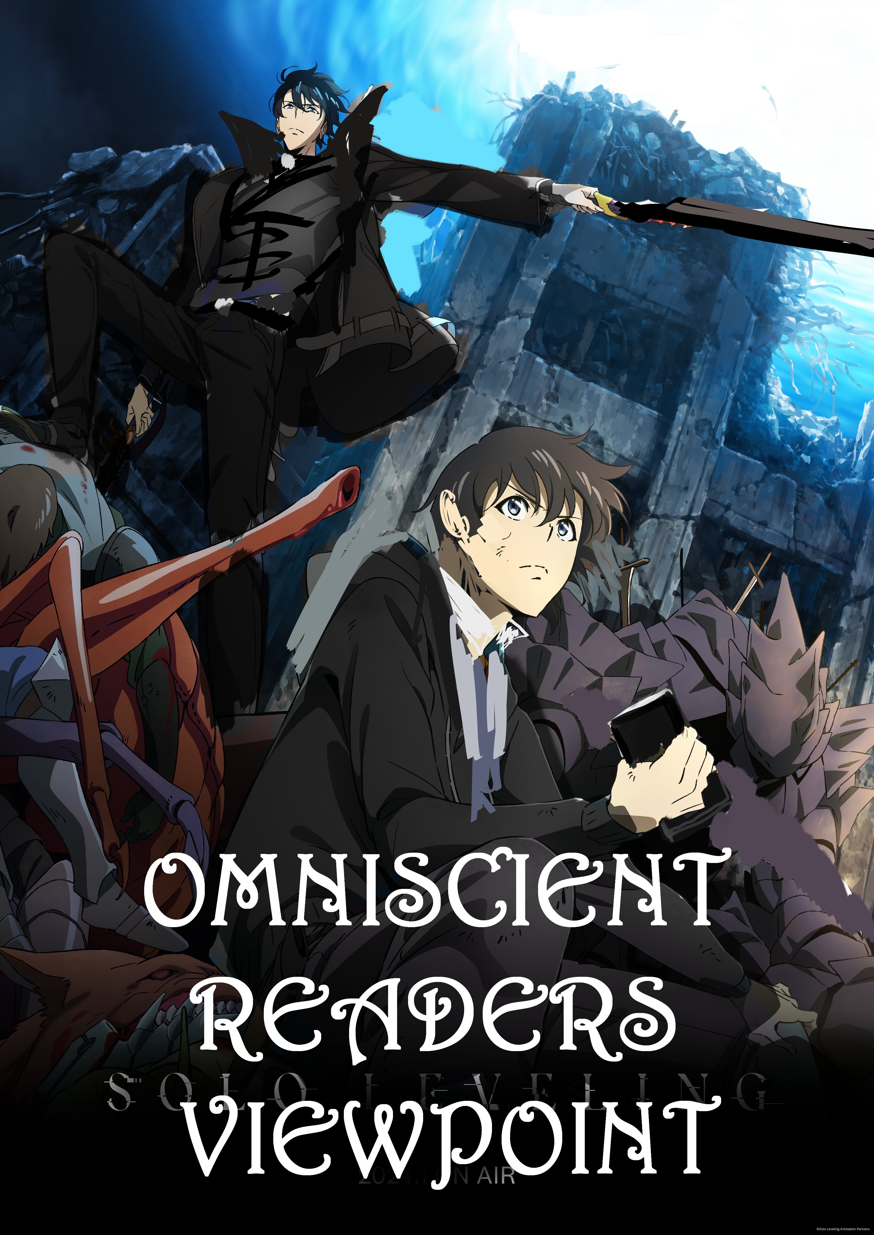 cfeather8, kim dokja, sung jin-woo, yoo joonghyuk, omniscient reader's viewpoint, solo leveling, absurdres, commentary, english commentary, highres, 2boys, black coat, black hair, black shirt, blue eyes, bug, clenched hand, coat, cosplay, cover, cover page, creature, english text, full body, genre connection, holding, holding phone, holding sword, holding weapon, male focus, multiple boys, phone, popped collar, ruins, serious, shirt, sitting, standing, sung jin-woo (cosplay), sword, weapon, white shirt