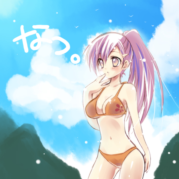 yukian, original, 1girl, bikini, breasts, cleavage, day, female focus, long hair, medium breasts, navel, orange bikini, pink eyes, pink hair, ponytail, solo, swimsuit