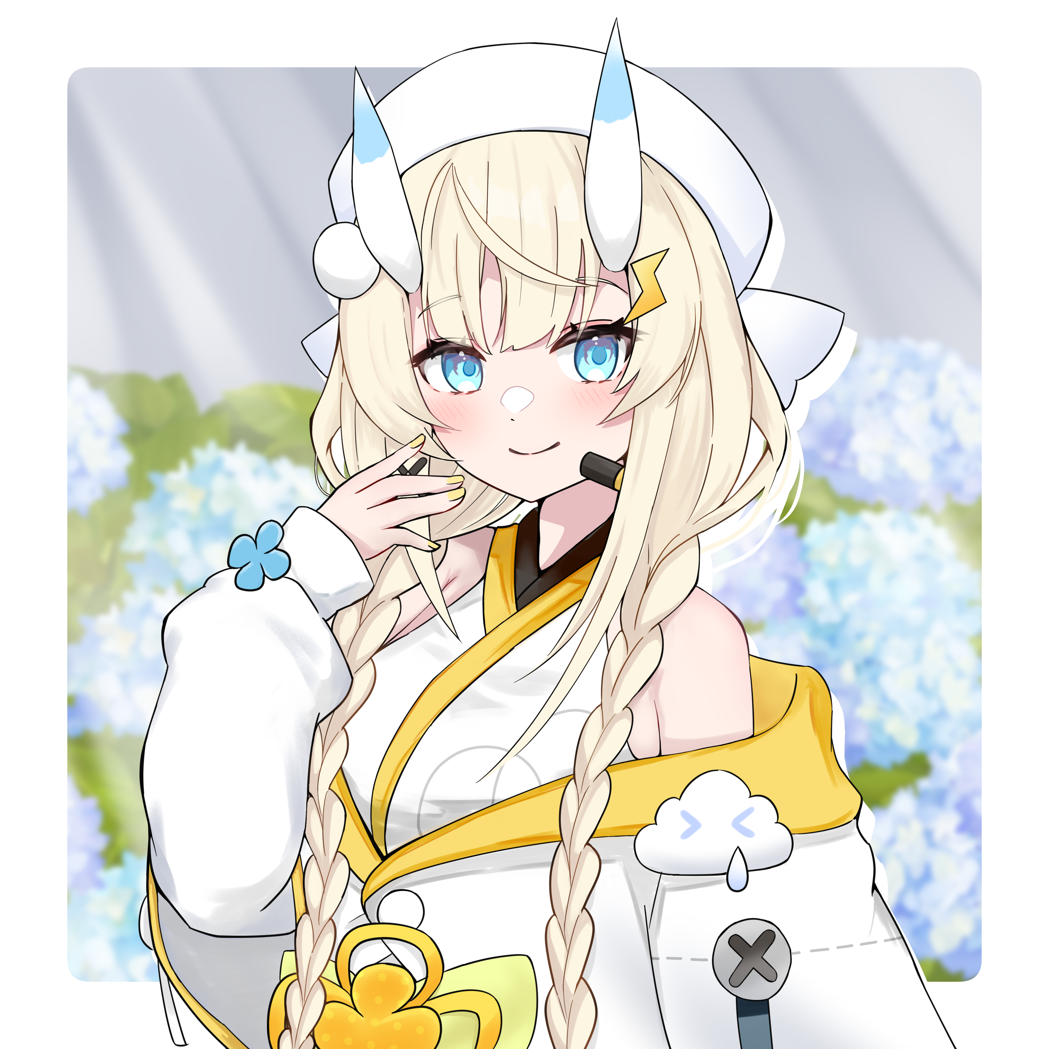 kadou mikaru, nijisanji, absurdres, highres, 1girl, bare shoulders, blonde hair, blue eyes, blue horns, blush, border, braid, closed mouth, coat, coat partially removed, drop shadow, flower, hair ornament, hair over shoulder, hand to own mouth, hat, headset, horns, hydrangea, japanese clothes, kimono, layered sleeves, lightning bolt, lightning bolt hair ornament, lightning bolt symbol, long sleeves, looking at viewer, low twin braids, multicolored horns, nail polish, outside border, pom pom (clothes), pom pom hair ornament, puffy long sleeves, puffy sleeves, screw, sent0haku, short over long sleeves, short sleeves, sidelocks, smile, solo, twin braids, two-tone horns, upper body, virtual youtuber, white border, white coat, white hat, white horns, white kimono, x hair ornament, yellow nails, yellow trim