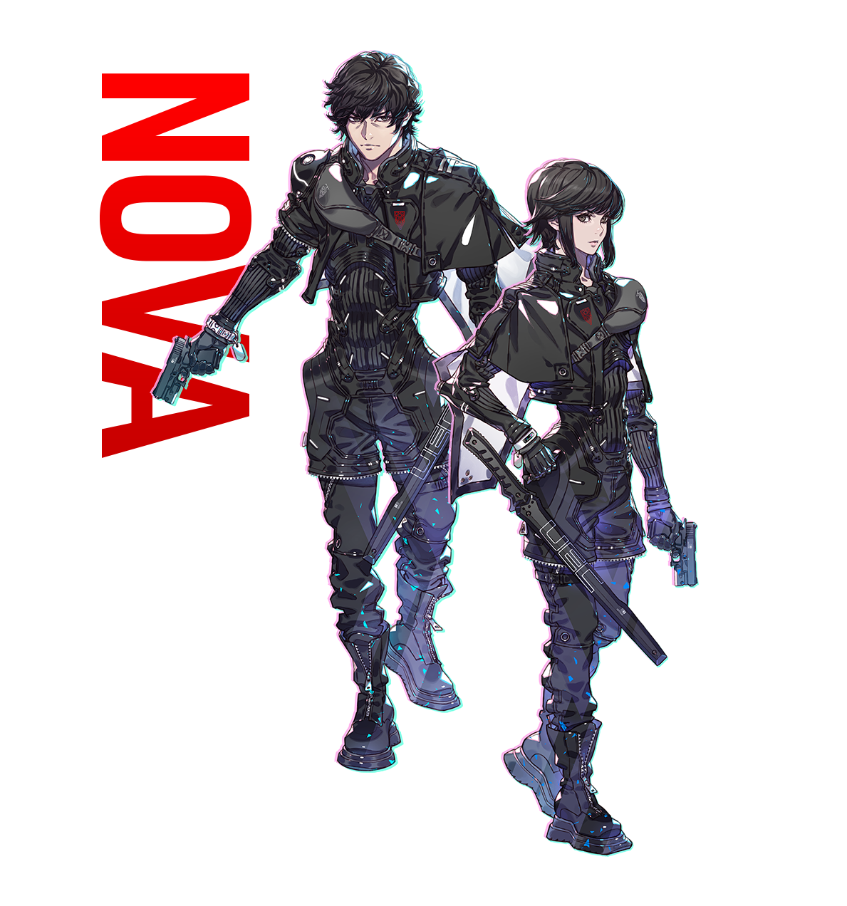 fujisaka kimihiko, daemon x machina, artist request, check artist, commentary, english commentary, highres, official art, 1boy, 1girl, black boots, black eyes, black gloves, black hair, black jacket, black pants, boots, character name, closed mouth, full body, gloves, gun, handgun, holding, holding gun, holding weapon, jacket, long sleeves, looking at viewer, nova (daemon x machina), pants, sheath, sheathed, short hair, simple background, sword, transparent background, weapon