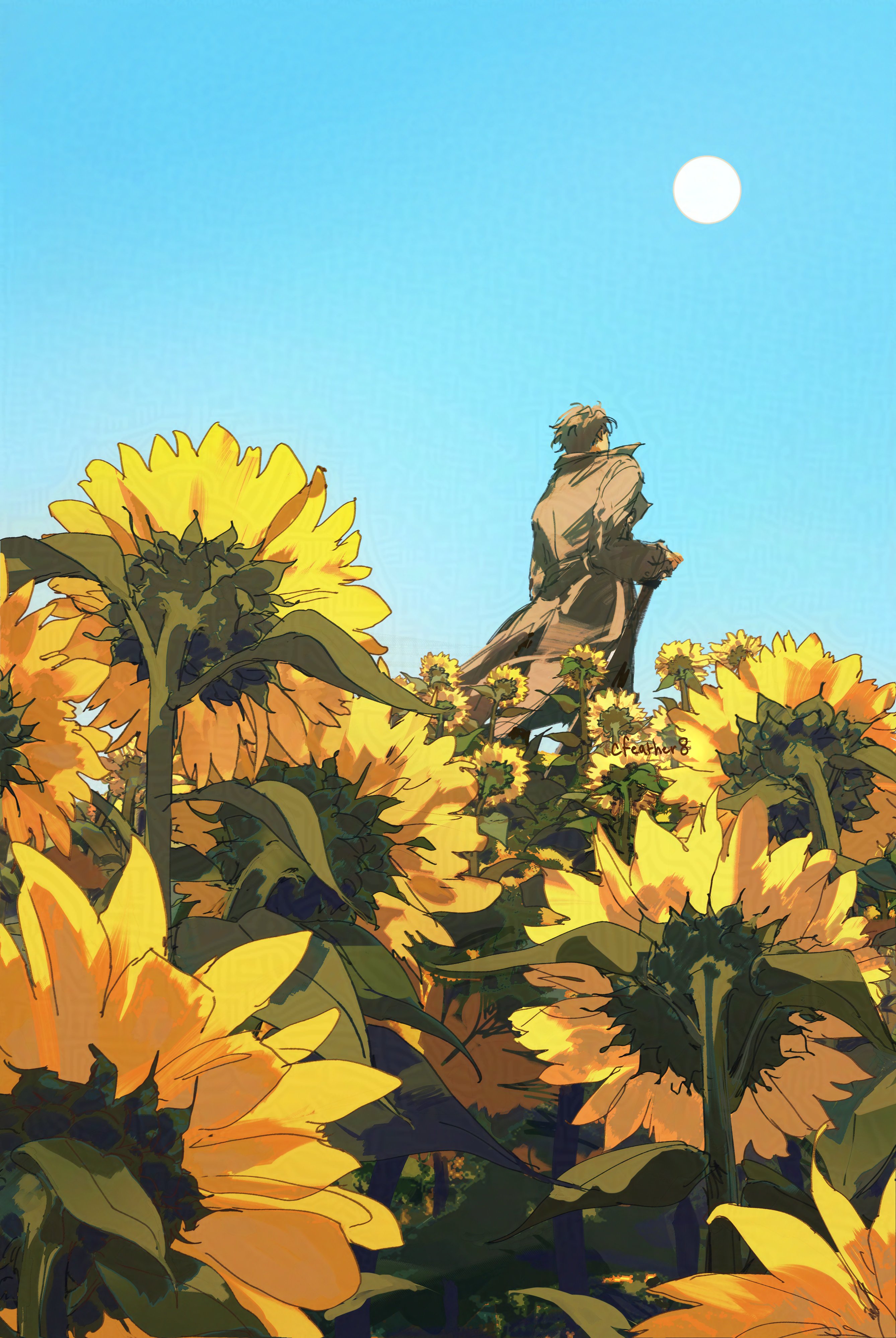 cfeather8, yoo joonghyuk, omniscient reader's viewpoint, facing up, absurdres, highres, 1boy, black coat, black hair, clear sky, coat, field, flower, flower field, from behind, from below, full moon, holding, holding sheath, looking up, male focus, moon, popped collar, scabbard, sheath, short hair, sky, solo, standing, sunflower, sunflower field, symbolism, too many flowers