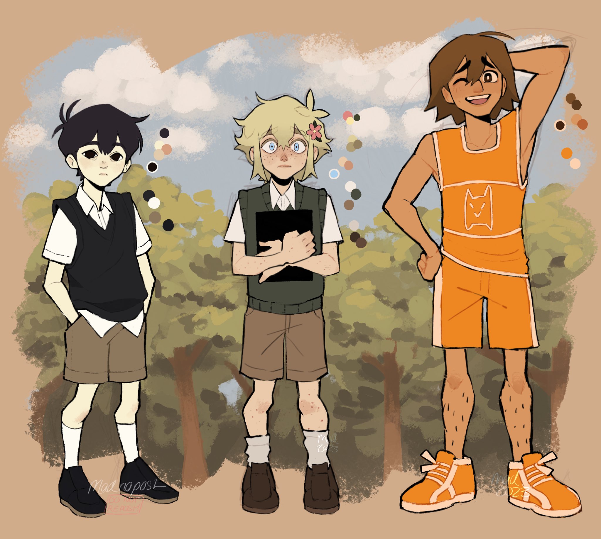 madnopost, sunny (omori), omori, highres, 2023, 3boys, antenna hair, arm behind head, arm up, artist name, black eyes, black hair, black shoes, black sweater vest, blonde hair, blue eyes, body freckles, book, bright pupils, brown hair, brown shoes, brown shorts, closed mouth, collared shirt, color guide, dark-skinned male, dark skin, double-parted bangs, flower, freckles, green sweater vest, hair between eyes, hair flower, hair ornament, hands in pockets, holding, holding book, loafers, looking at viewer, male focus, multiple boys, one eye closed, open mouth, orange shoes, orange shorts, shirt, shoes, short hair, short sleeves, shorts, sidelocks, smile, sneakers, socks, sweater vest, teeth, upper teeth only, white pupils, white shirt, white socks