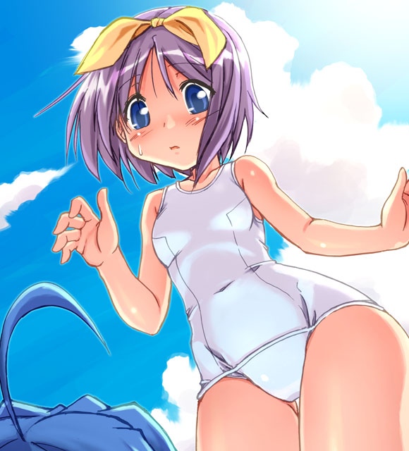 urase shioji, hiiragi tsukasa, izumi konata, lucky star, 00s, 2girls, ahoge, blue eyes, blue hair, blush, bow, cloud, collarbone, covered navel, day, groin, hair bow, hip focus, multiple girls, navel, one-piece swimsuit, outdoors, purple hair, school swimsuit, sky, sweat, swimsuit, tareme, white one-piece swimsuit, white school swimsuit, wide hips