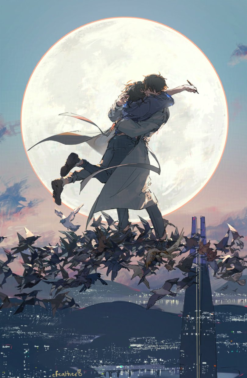 cfeather8, han sooyoung, kim dokja, omniscient reader's viewpoint, highres, 1boy, 1girl, arm around back, bird, black hair, cityscape, coat, floating, flock, full body, grey hoodie, hand on another's head, hetero, holding, holding pen, hood, hoodie, hug, legs up, moon, mountainous horizon, pen, short hair, sky, sunset, white coat
