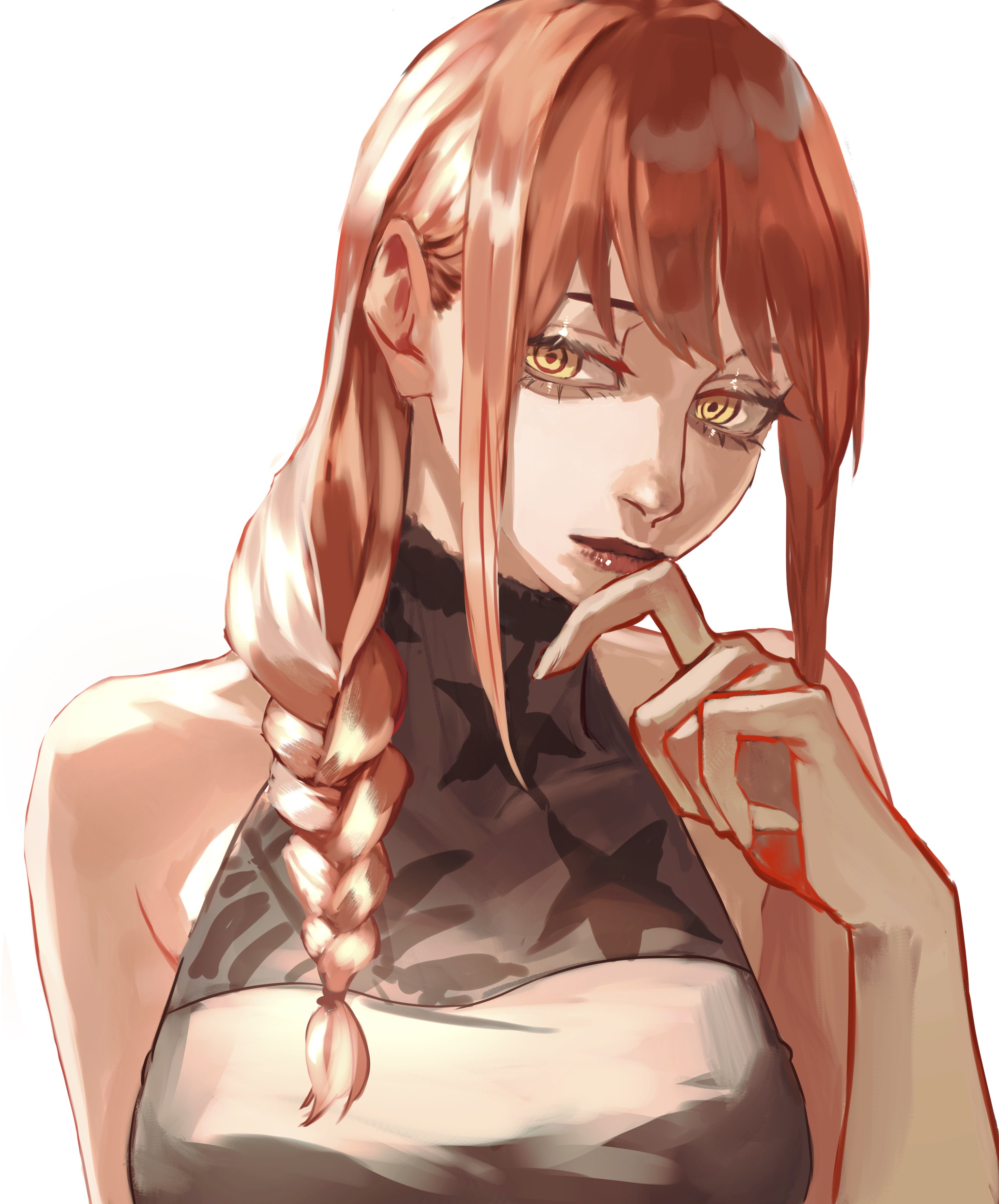 bonjindaaa, makima (chainsaw man), chainsaw man, absurdres, highres, 1girl, braid, closed mouth, dress, grey dress, long hair, looking at viewer, red hair, red lips, ringed eyes, sidelocks, simple background, solo, white background, yellow eyes