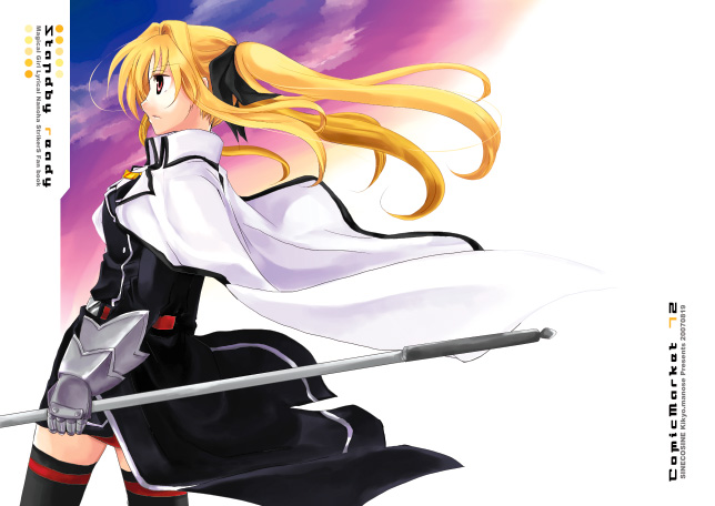 manose kikyou, bardiche (nanoha), fate testarossa, fate testarossa (impulse form), lyrical nanoha, mahou shoujo lyrical nanoha, mahou shoujo lyrical nanoha strikers, 00s, 1girl, blonde hair, female focus, from side, solo, thighhighs, weapon
